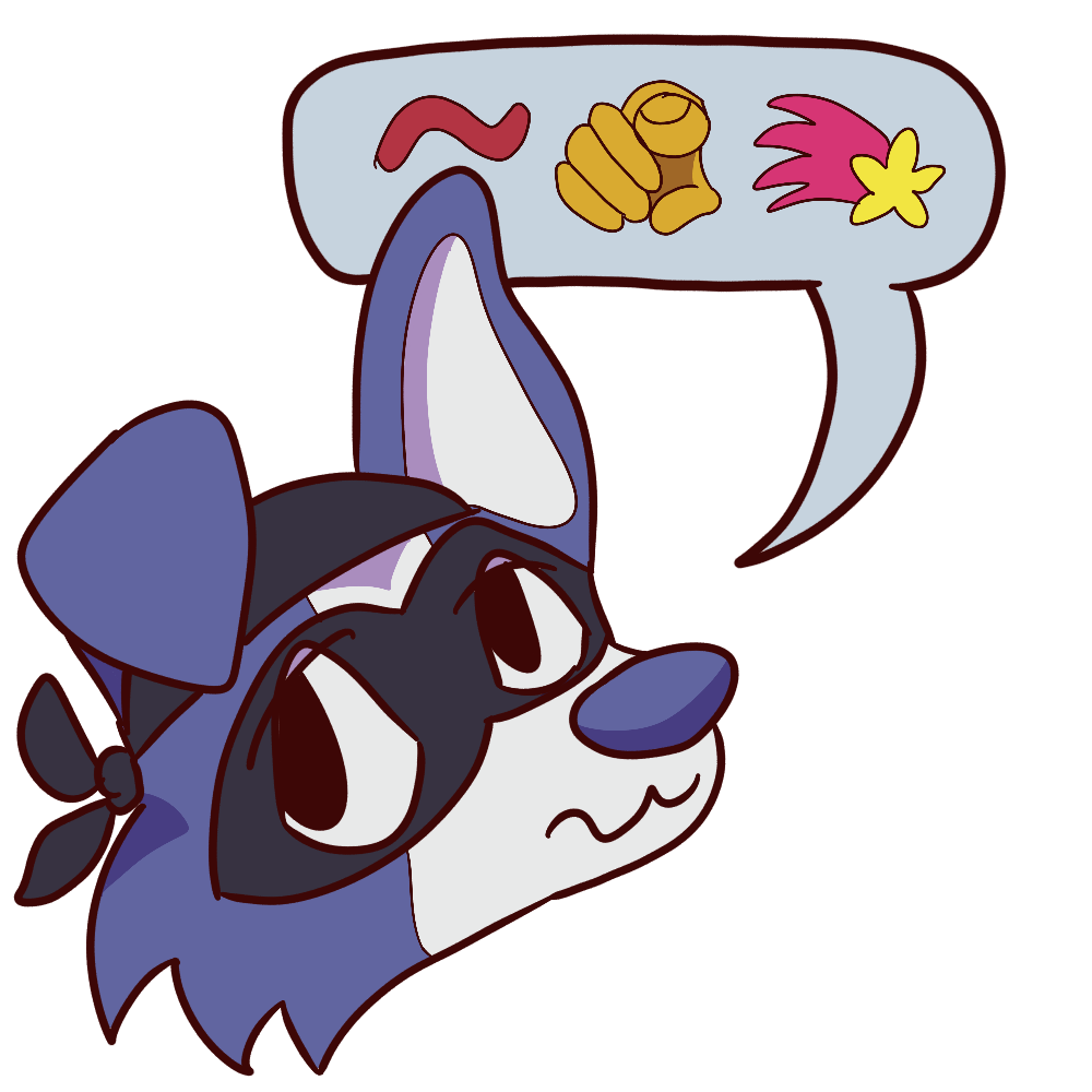 image of a blue dog with a blank bandanna and mask looking sly. a speech bubble comes from its mouth with a tilde, a hand pointing at the viewer and a shooting star